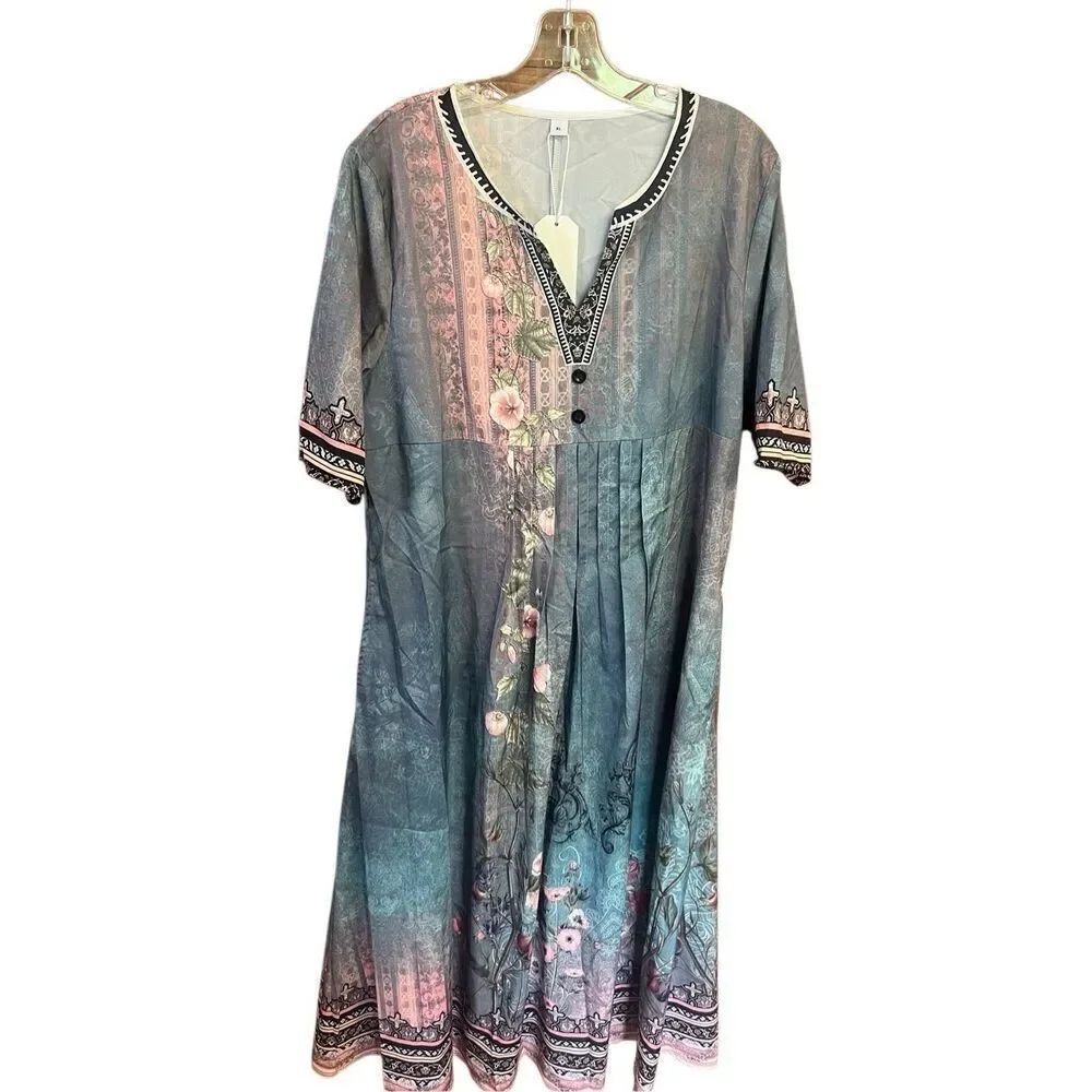 No Brand Long Pleated Flowing Printed Long Dress Sz XL NWT